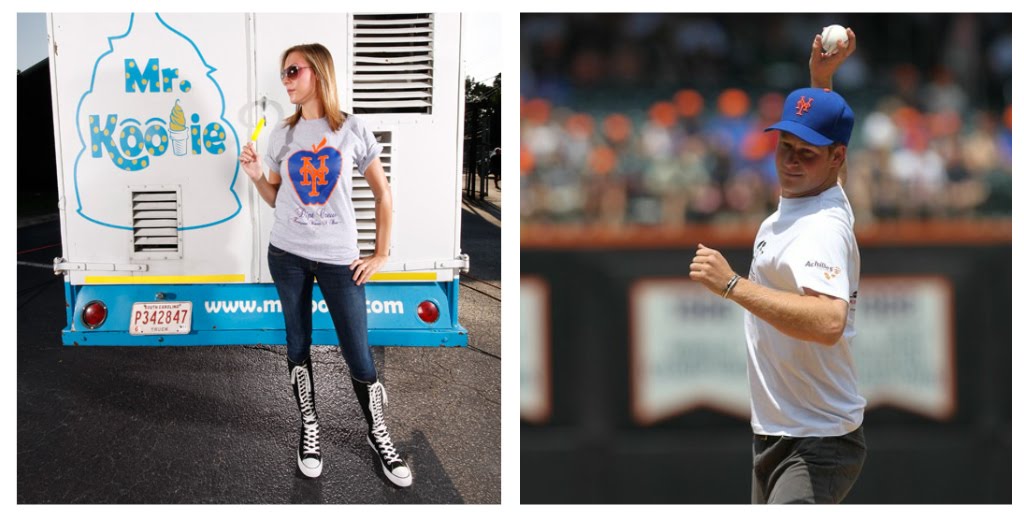 collage of a woman in the DIPTNYC Mets Apple shirt and Prince Harry throwing the first pitch at a NY Mets game