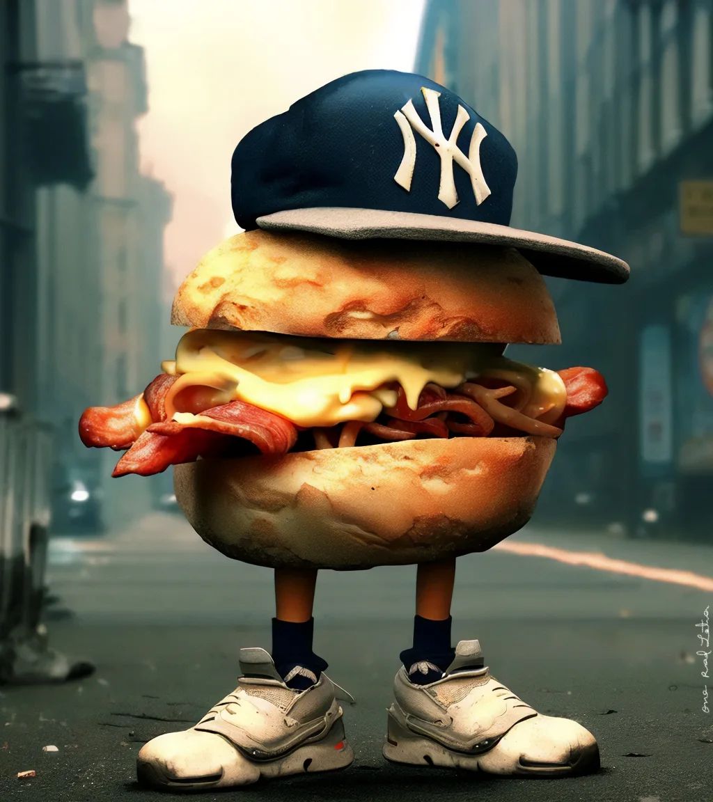 AI art image of a bacon, egg, and cheese sandwich wearing a NY Yankees hat